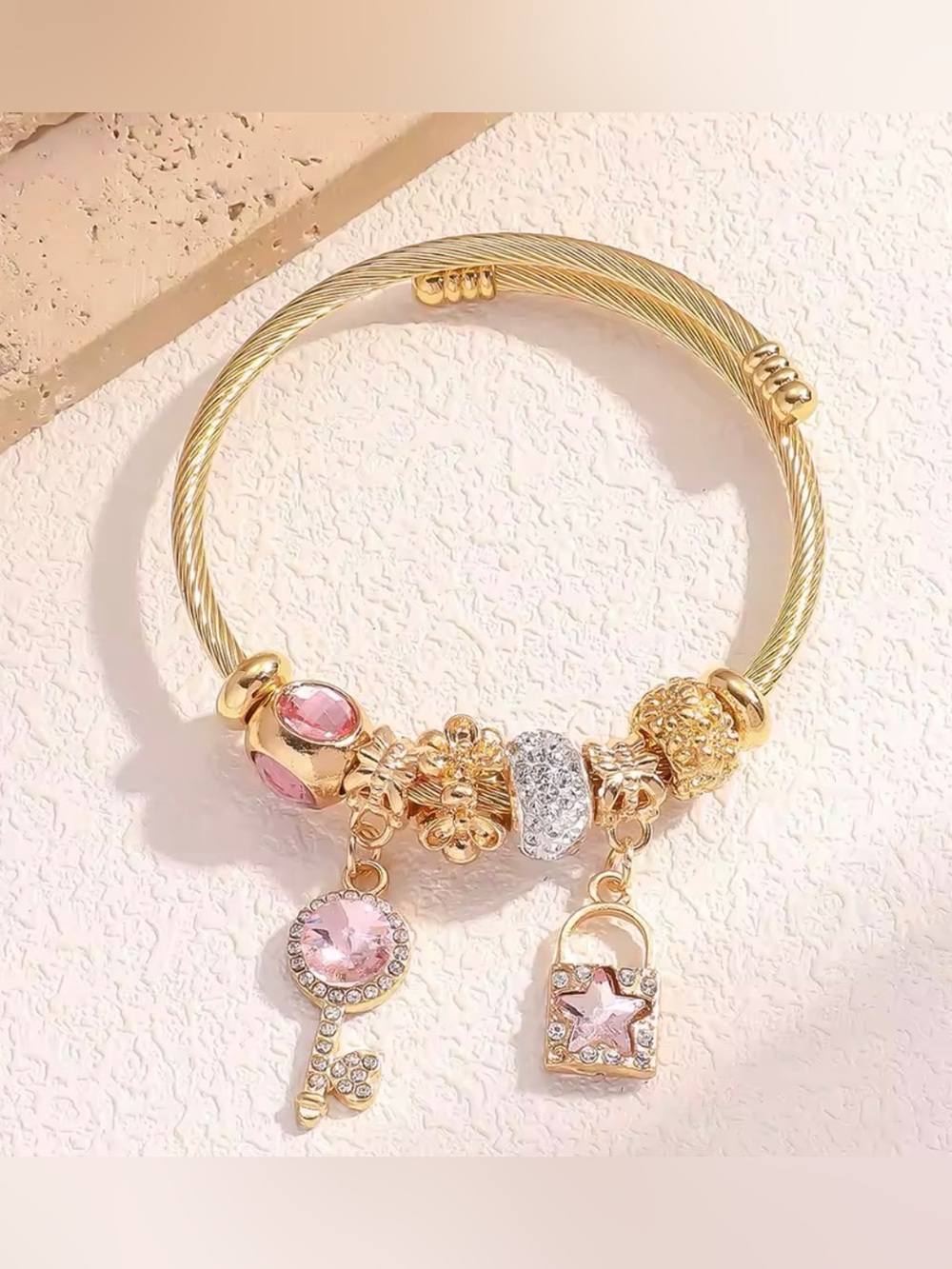 New! Gold Bracelet with Pink and Clear Crystal Charms - Picture 6 of 8